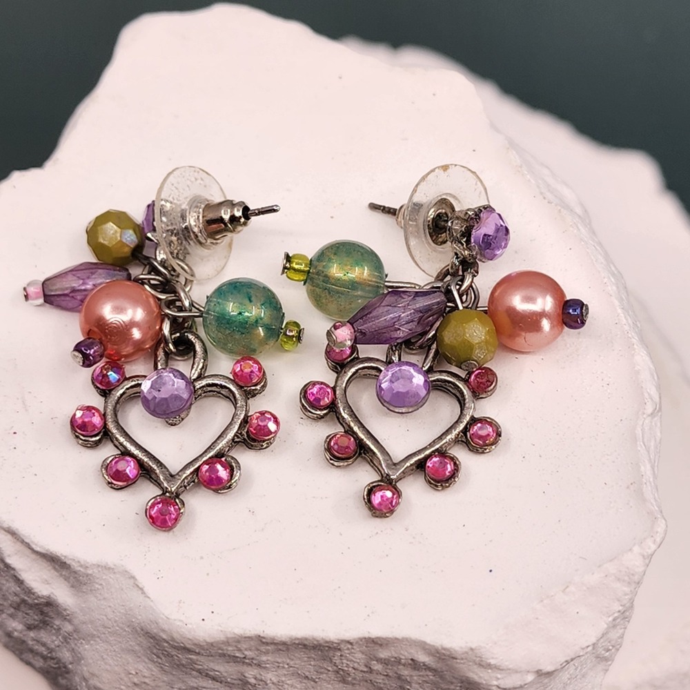 Vintage Silver Tone Heart Dangle Earrings Pink Rhinestone Beaded Pierced Y2K